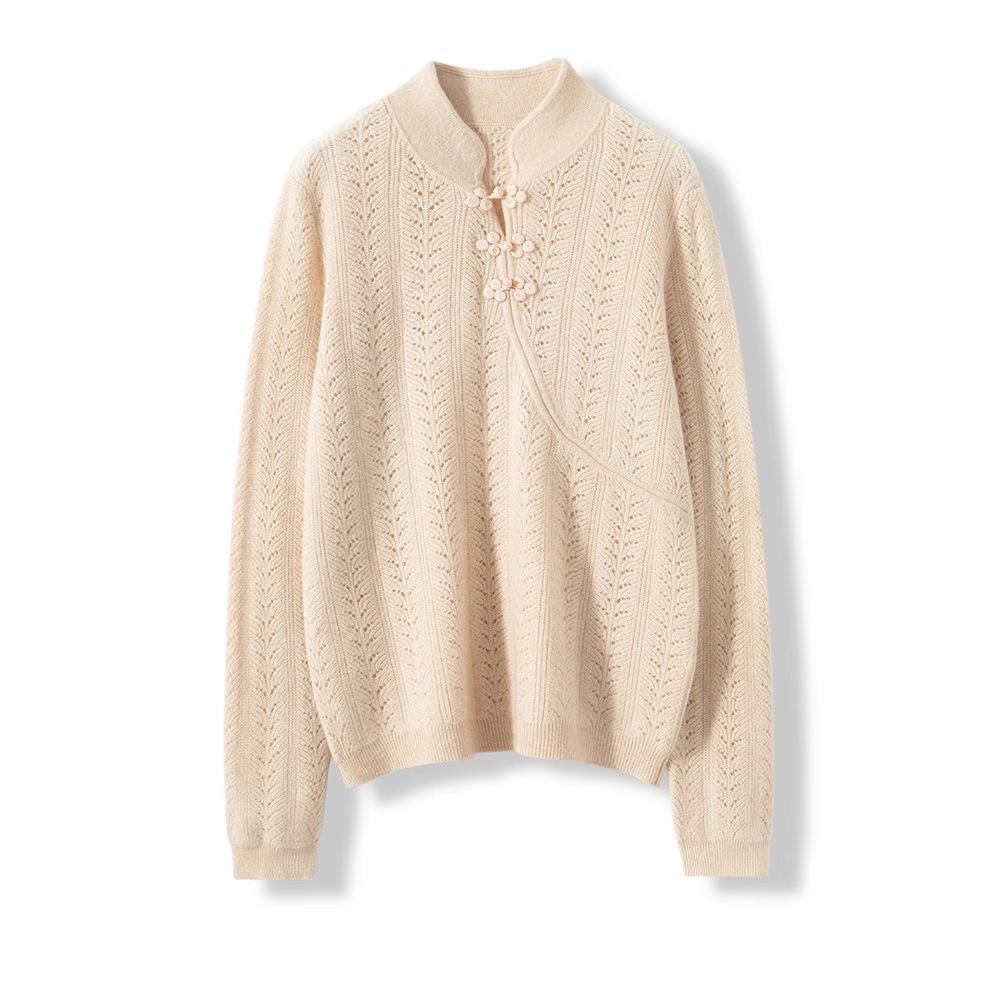 Women's Cashmere Knitted Suit with Chinese Stand Collar and Hollow Skirt, Perfect for Autumn/Winter.