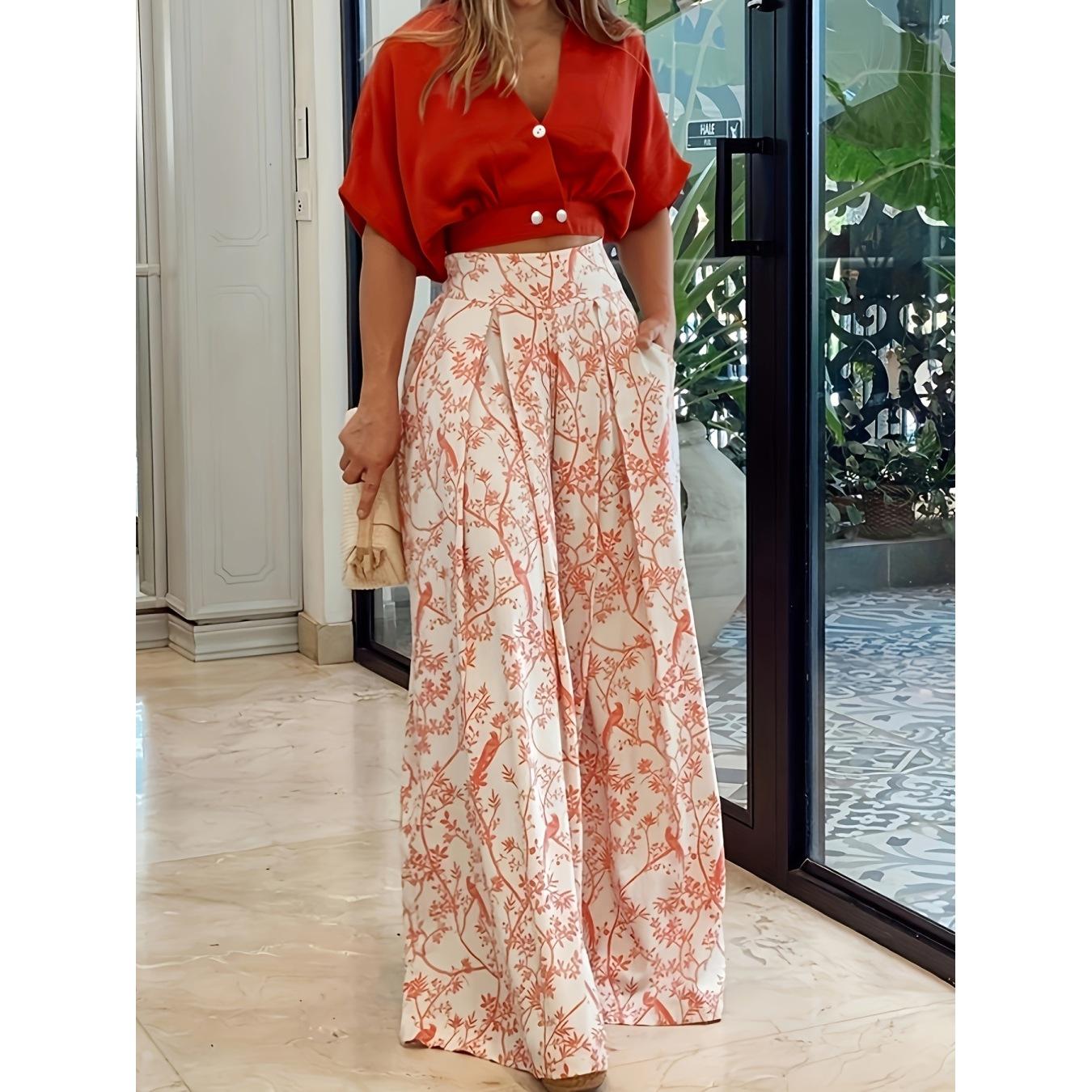 

Women s Summer Casual Set Solid Color Shorts Shirt Printed Wide Leg Pants 3XL червоний