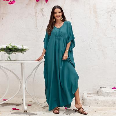Women’s Solid Long Loose Dress Swimming Beach Bikini Cover Up Robes V-neck  Hem Split Sun Protection Breathable Lightweight Beach Vacation Maxi Dress