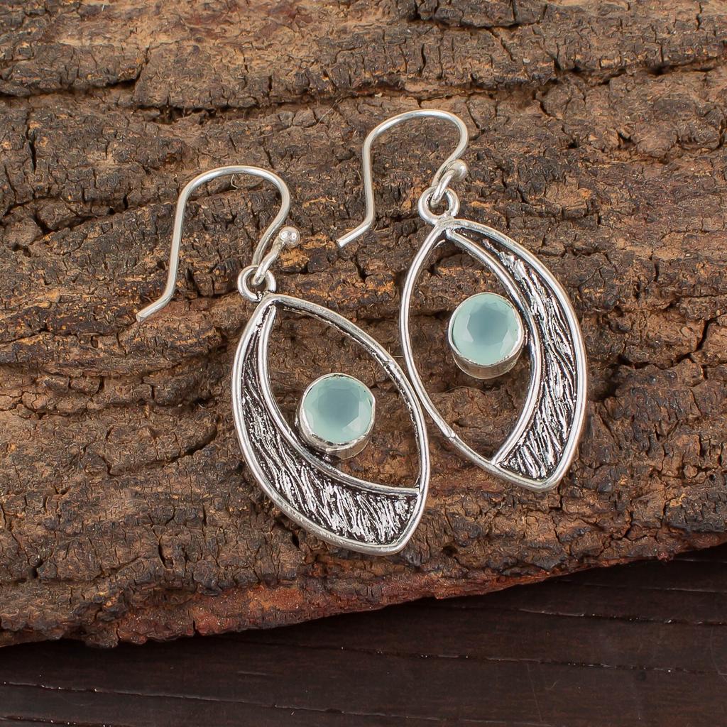 Aqua Chalcedony Gemstone 925 Sterling Silver Jewelry Handcrafted Earrings 1.60" EE-61-17
