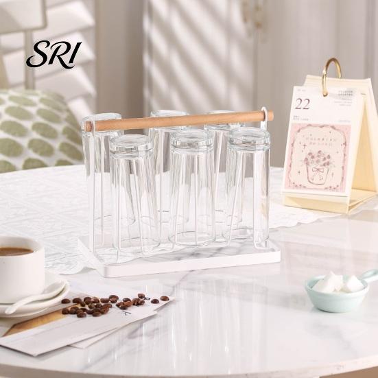 Nordic Style Cup Holder Iron Drying Rack with Wood Handle & Drip Tray Baby Bottle Plastic Dryer Space-Saving Countertop Organizer for Mugs Glasses