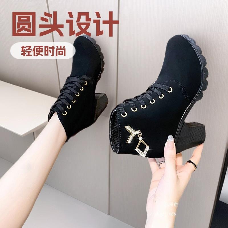 2025 new personalized versatile high-heeled short boots spring and autumn bare boots Martin boots women's British style boots black light brown
