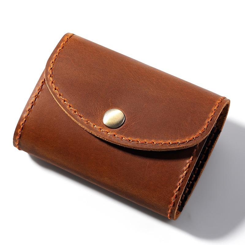Vintage Crazy Horse Leather Card Holder for Women, Men Retro Accordion Design Snap Closure Wallet with Multi-Card Slots Unisex