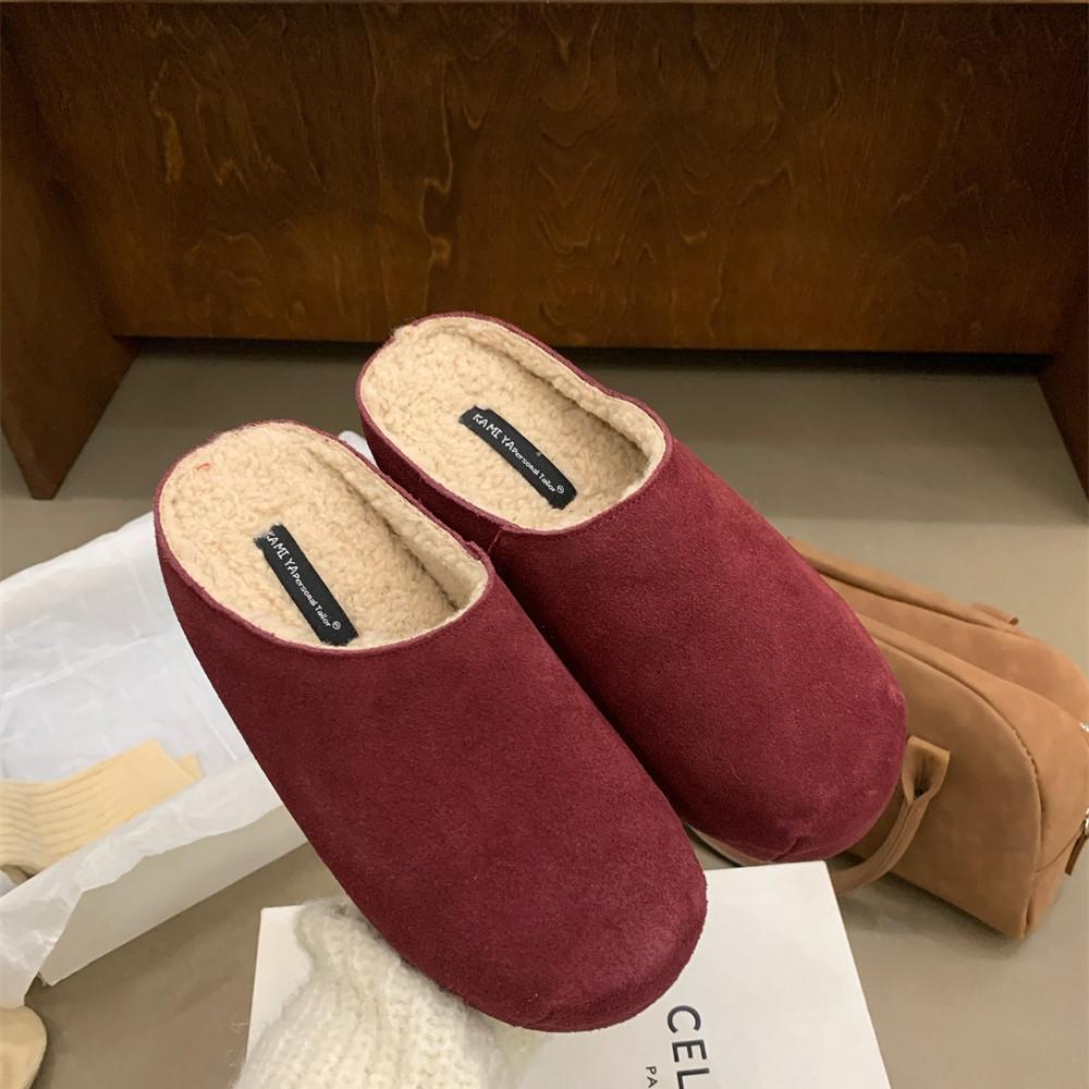 2025 Autumn and Winter New Round Head Leather Matte Casual Boken Velvet Warm Beans Pregnant Women Half Drag Single Shoes