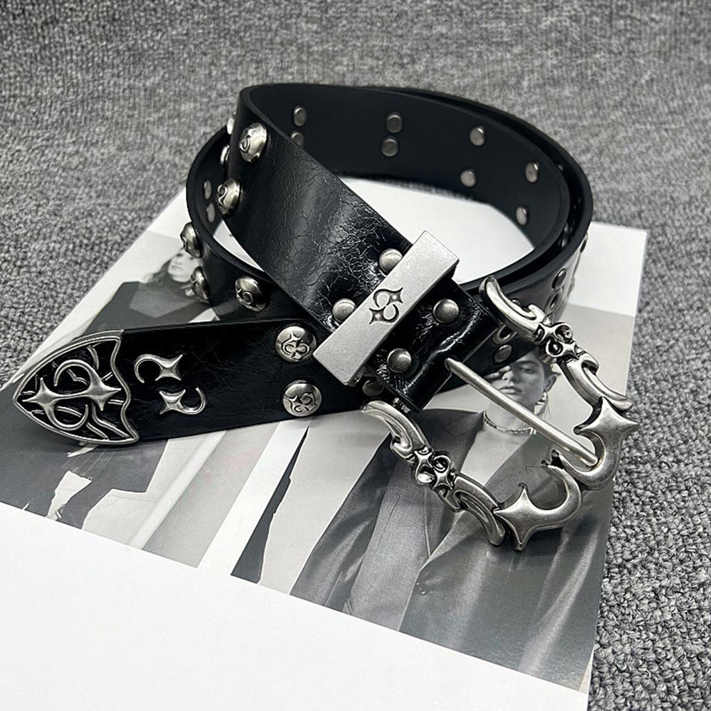 Punk Y2K Theme Waist Belt Adjustable PU Leather Wide Waistband With Rivet Studded Design For Jeans Pants Street Wear