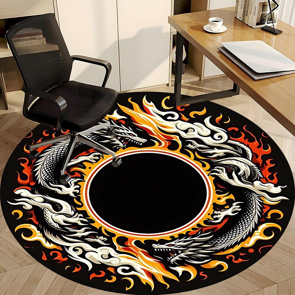 1PC Dragon Flame Circle Office Round Rug, Non Slip, Soft and Durable Office Rug for Interior Decoration, Perfect for Office