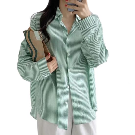 Women Shirt Lapel Single Breasted Shirt Loose Fit Tops Striped Print Long Sleeve Thin Work Shirt