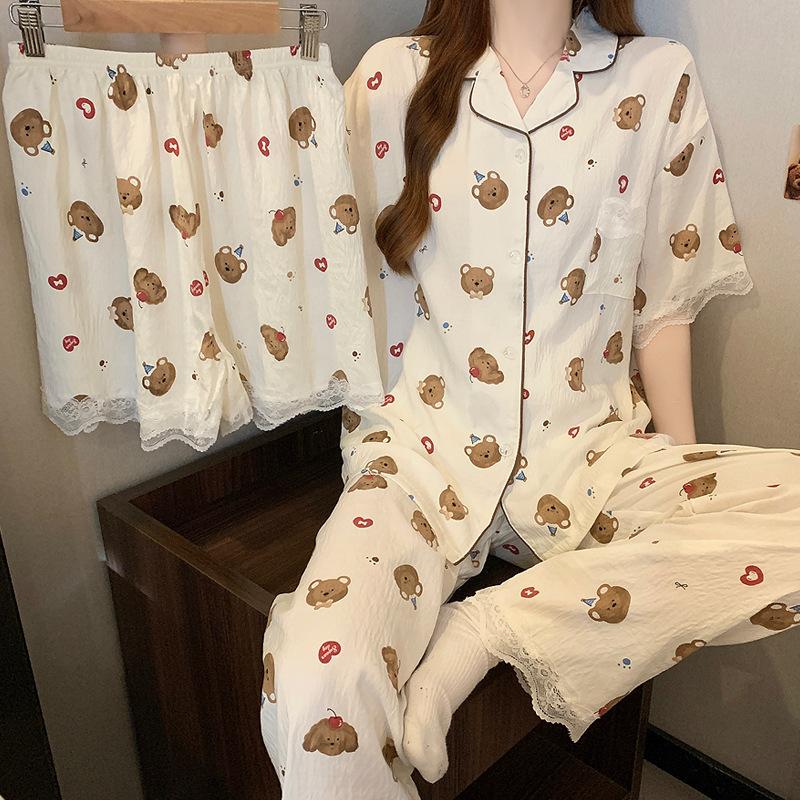 Sweet Cartoon Bear Short-Sleeved Cloud Cotton Pajamas Women'S Summer Gentle Lace Loungewear Three-Piece Set
