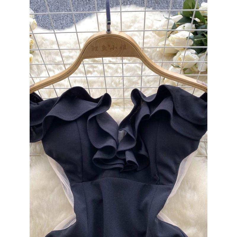 Dinner Birthday Party Dress for Women Sexy off-the-Shoulder Tube Top Mesh Patchwork Ruffled Split Hip Dress