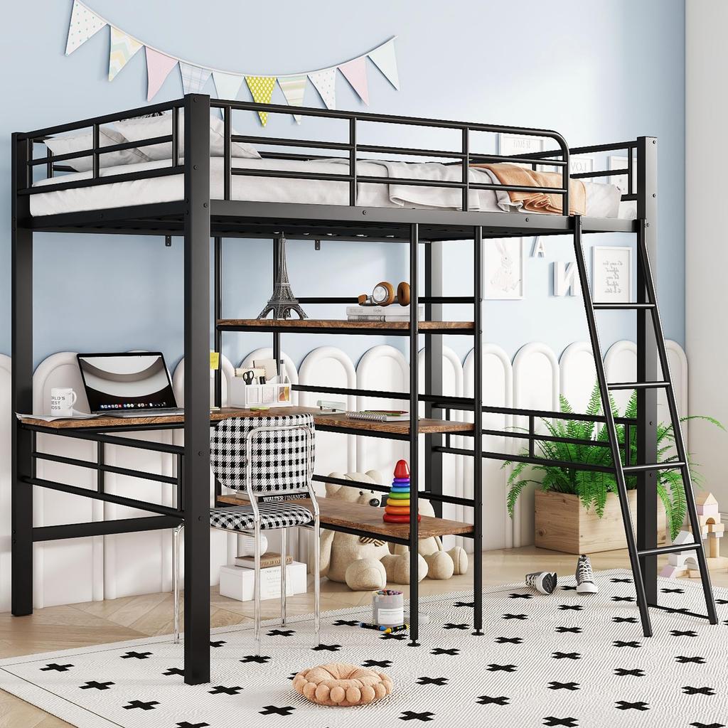 Kinderbett Hochbett 90x200 cm Funktionsbett Schreibtisch 3 Regale Etagenbett Bettrahmen Lattenrost ohne Matratze Kinder Erwachsene