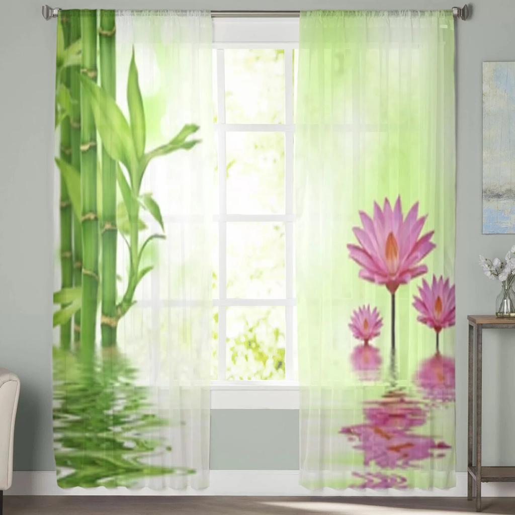 Transparente Vorhänge mit Lotusblumen und Bambus für Wohnzimmer, Fenster, transparenter Voile-Tüll-Vorhang, Schlafzimmer-Vorhänge, Heimdekoration