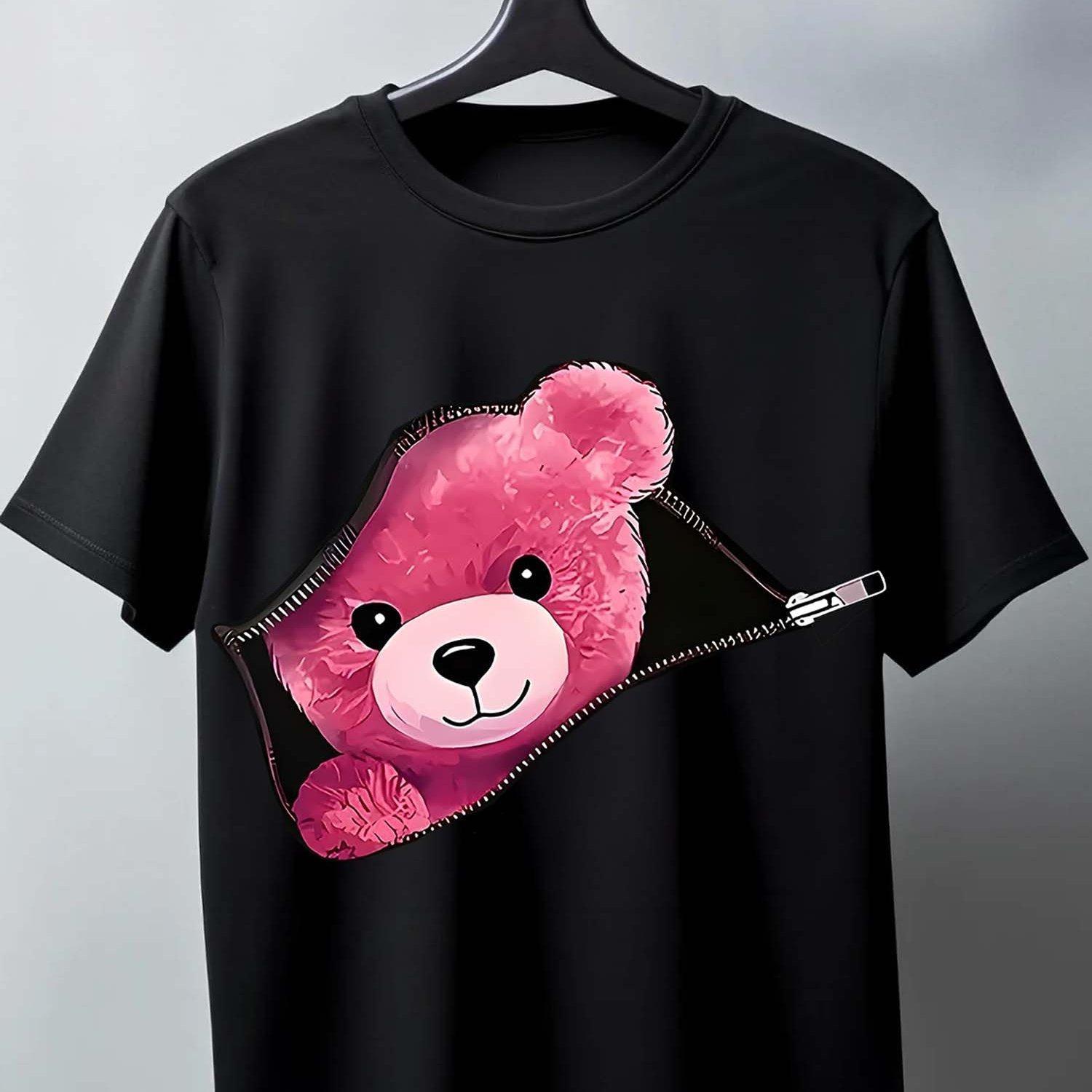 

Adorable Bear Zip Pattern Printed Short-sleeved Cotton T-shirt Summer Unisex Men s and Women s Casual Loose Fashion Clothing XXXXXL чорний