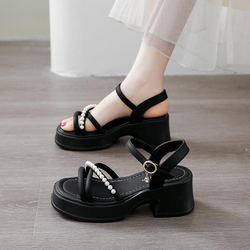 2025 French Cool High Heels Women's Summer with Skirt Fairy Style Pearl Small Thick Heel Platform Sandals