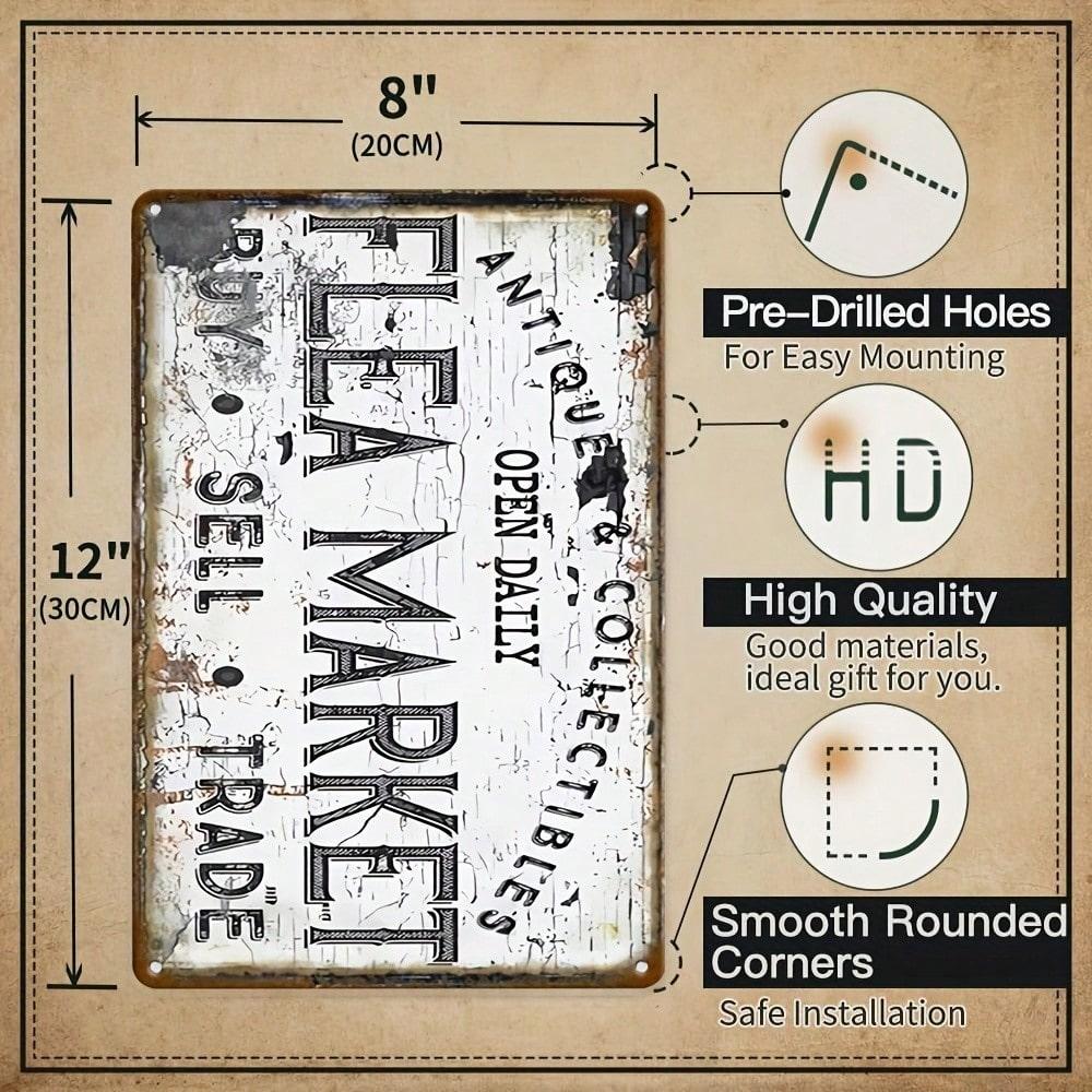 Retro Flea Market Metal Plaque, Vintage "Antiques & Collectibles" Decor, Home Art Accent for Thrift & Vintage Fans