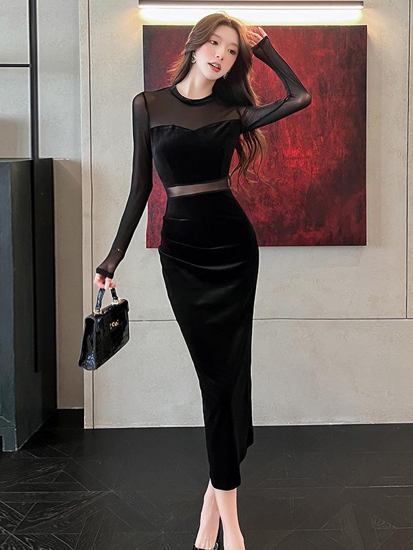 Autumn Mesh Stitched Slimming Long-Sleeve Waist-Cinching Split Dress