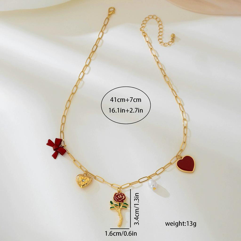 Fashion Simple Temperament Elegant Woman Metal Red Love Artificial Pearl Bow Women's Necklace