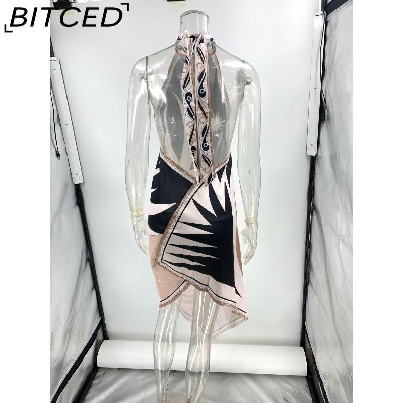 BITCED Women's Summer Sexy Halterneck Backless Printed Satin Holiday Beach Dress