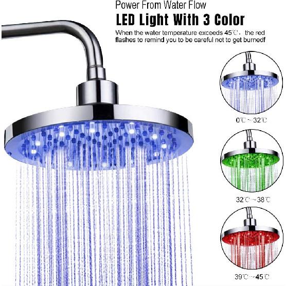 Rain Shower Head, 8" inch Round LED Shower with 3 Color Temperature Controlled Lights Changing automatically Water Rainfall High-Pressure Bathroom