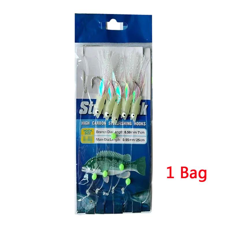 

5 крючков Sabiki Rigs Приманки для морской рыбалки Bait Rigs Настоящая рыбья кожа Нить Крючок Скумбрия Светящиеся в темноте Flash Sabiki Rigs SIZE 2