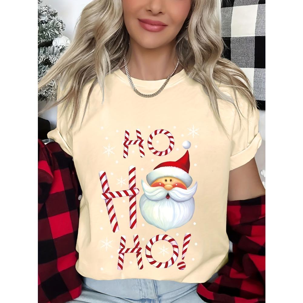 Fashion Spring and Summer New Models, Women's Crew Neck, Cartoon Santa Pattern Letter Printing Short Sleeves