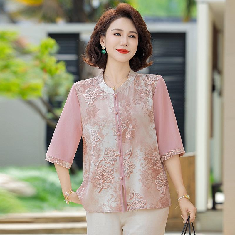 Fashion New Printed New Chinese Style Tops for Women's Chiffon Shirt Short-sleeved T-shirt