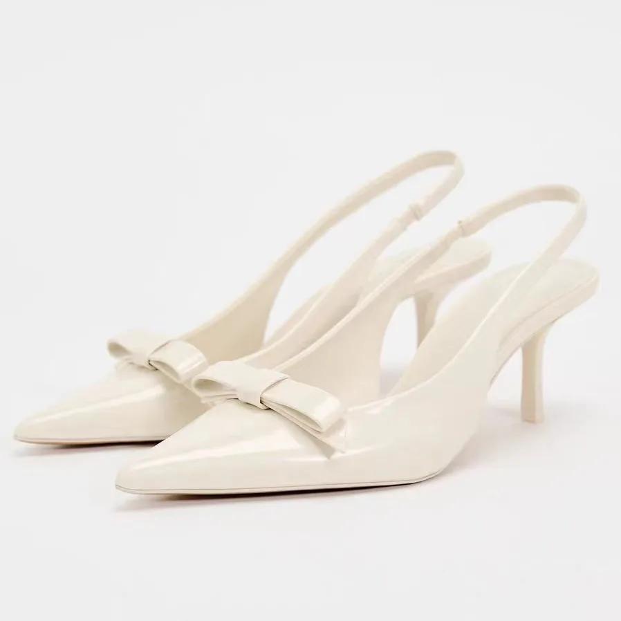 

Модные летние босоножки на высоком каблуке для женщин, элегантное украшение в виде банта, модные для вечеринки, свадьбы, с ремешком через пятку, сексуальные туфли-стилет для женщин, туфли для платья 36 бежевый