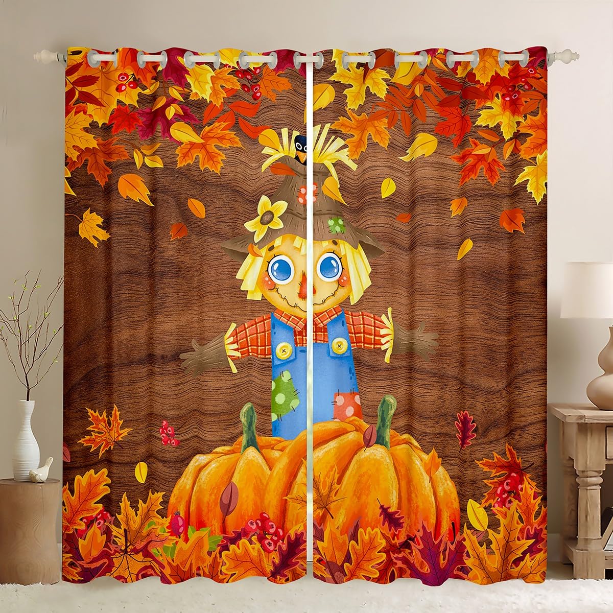 

Fall Curtain Gnomes Autumn Thanksgiving Watercolor Maple Leaf Pumpkin Window Drapes Kitchen Living Room Treatments Curtains Polyester Great Treatment W100*H130(CM)-Rod Pocket&2PCS