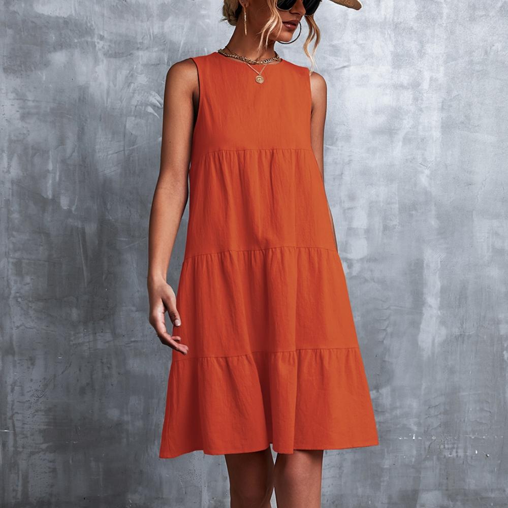 QICED Spring Summer Solid Color Print Sleeveless O-Neck Loose Swing Patchwork Cake Dress