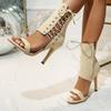 Sexy Open Toe Lace Hollow Cross Sandals for Womens Roman Shoes Side Zipper Thin High Heels Cool Boots New Designer