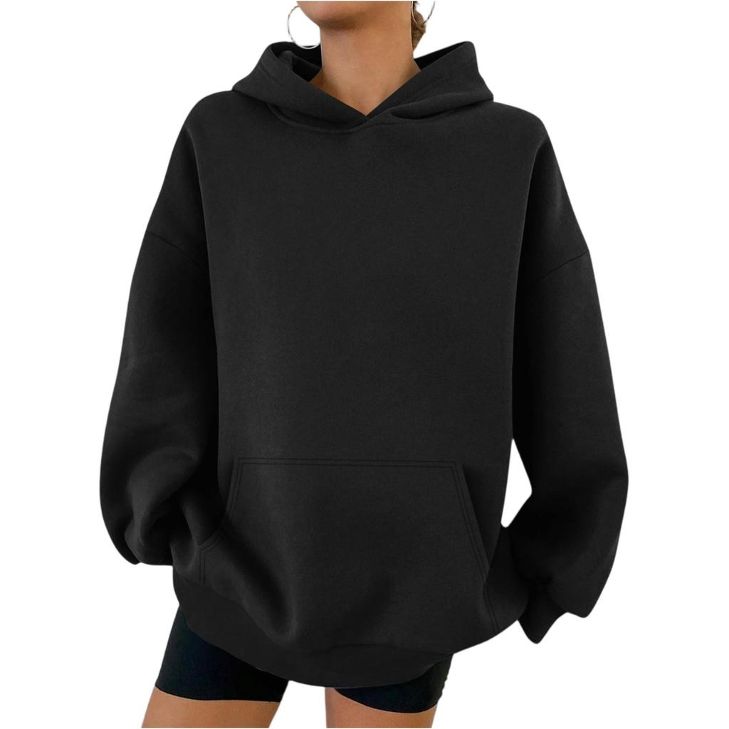 Women's Hooded Long Sleeve Sweatshirt Loose Fit Streetwear Solid Color Pullover Hoodie