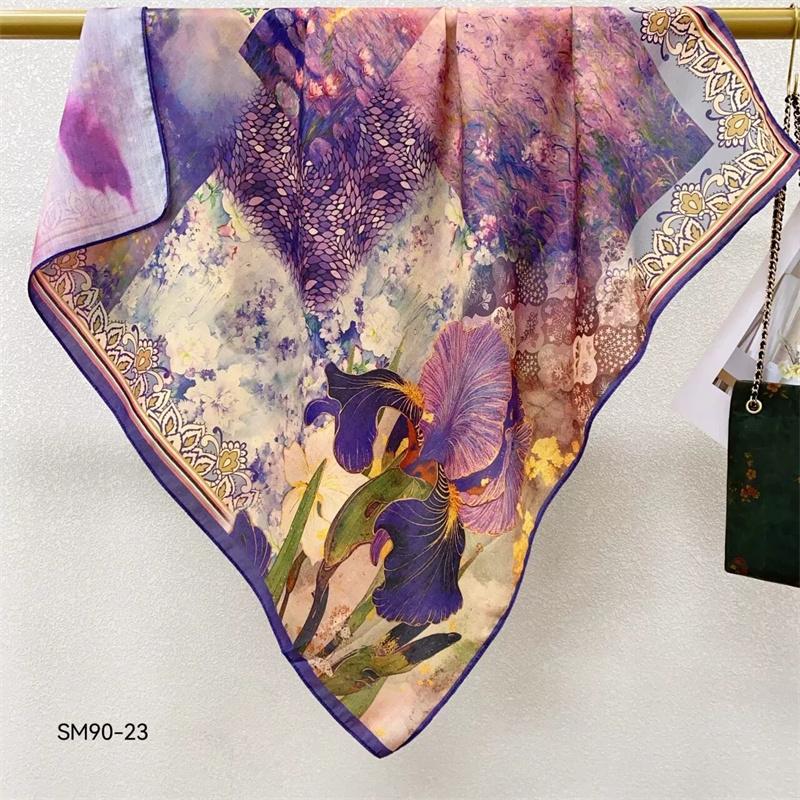Double-Sided Faux Silk And Wool Printed Scarf For Women Spring And Autumn 90Cm Square Scarf Foulard Bandana Femmel Headscarf