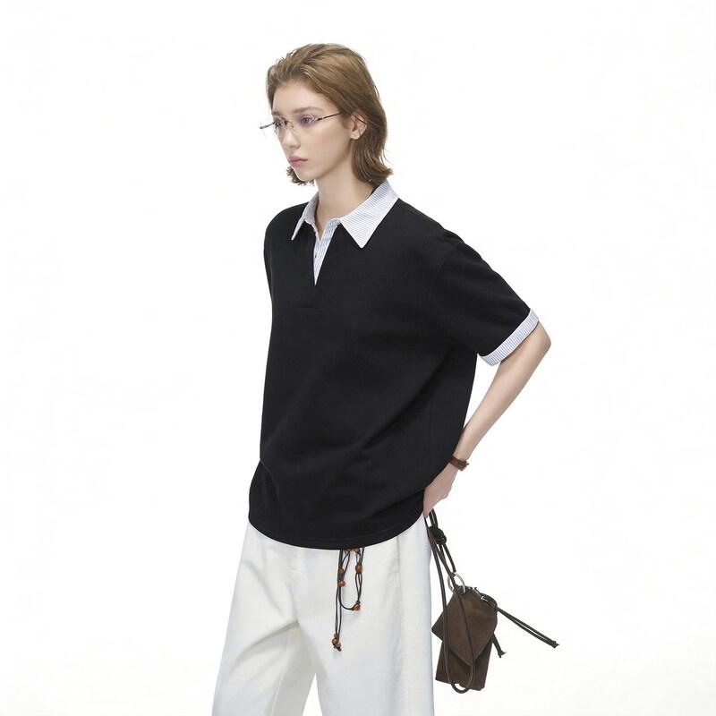 ICH MODE Striped Faux Two-Piece Polo T-Shirt XL