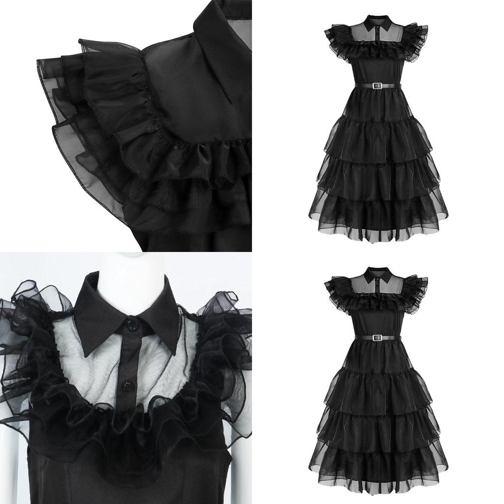 Wednesday Addams Kids Dress Cosplay Costume Party A-shaped Tiered Skirt