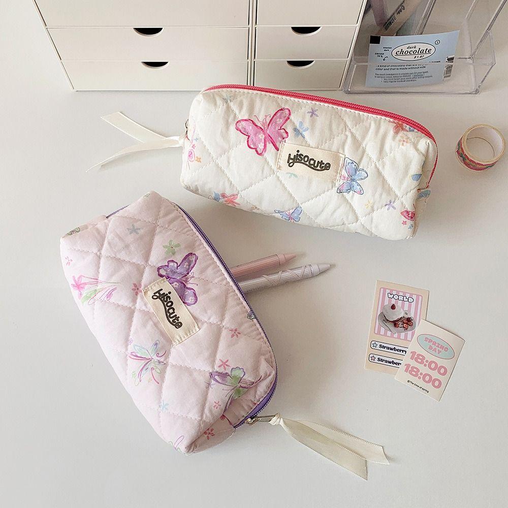 Quilted Pen Pouch Butterfly Printing Cosmetic Bag Fashion Pen Bag  Girls Gift