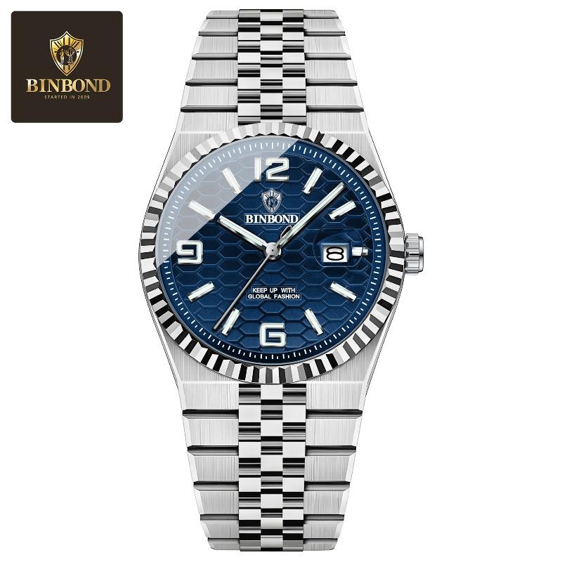 Orologio da uomo Binbang impermeabile luminoso con cinturino in acciaio, quadrante moda, orologio al quarzo