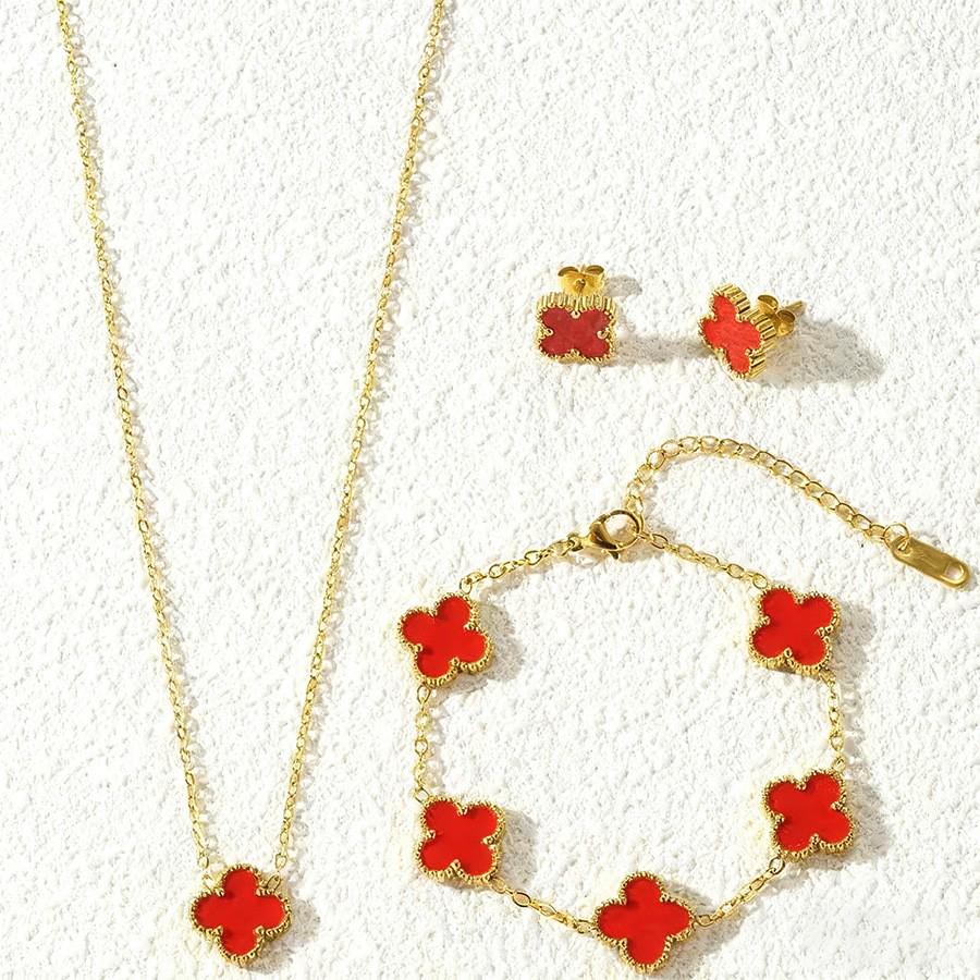 Ensemble de bijoux trèfle à quatre feuilles doré 13 mm: Bracelet, Collier, Boucles d'oreilles - Style Classique Haut de Gamme