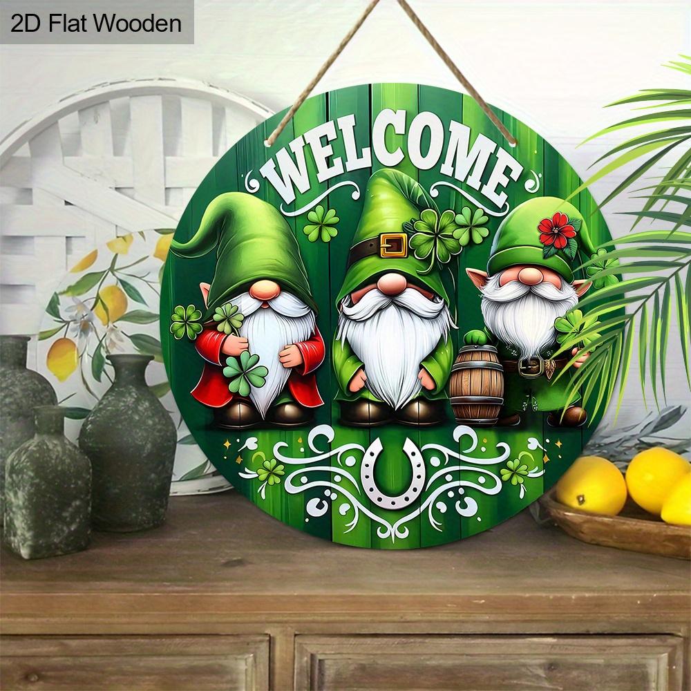 2D Flat, 1pc St. Patrick's Day Welcome Sign, Green Clover Gnome Wooden Ornament, Perfect for Patio Wall Front Door and Hallway Hanging Decoration
