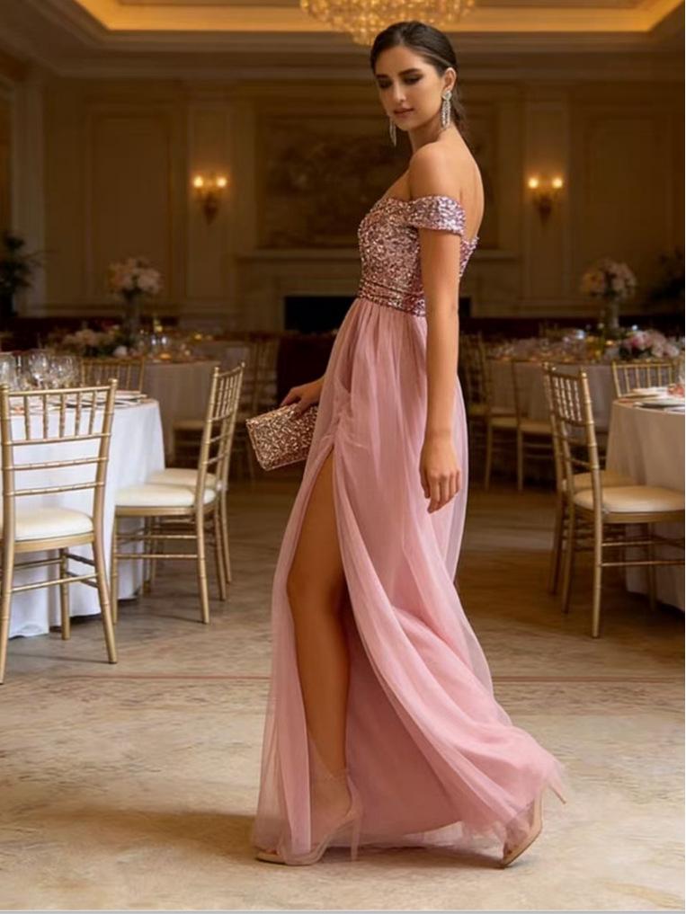 European Women's Sequined Slit V-Neck Backless Evening Gown (2025)