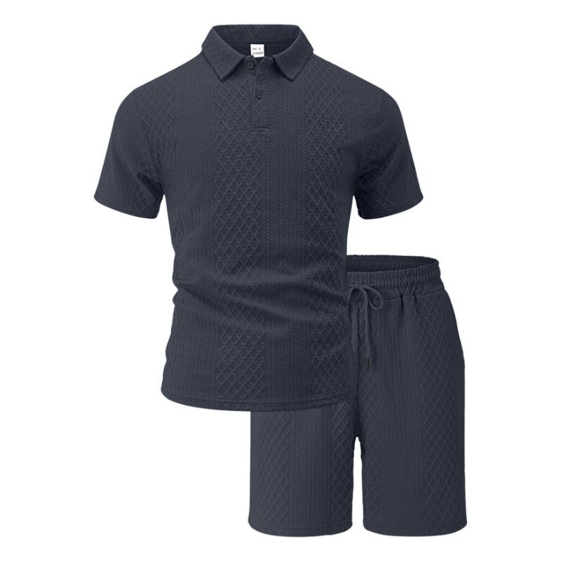 Mens Casual Two Piece Outfit Textured Short Sleeve Polo Shirt And Drawstring Shorts Set