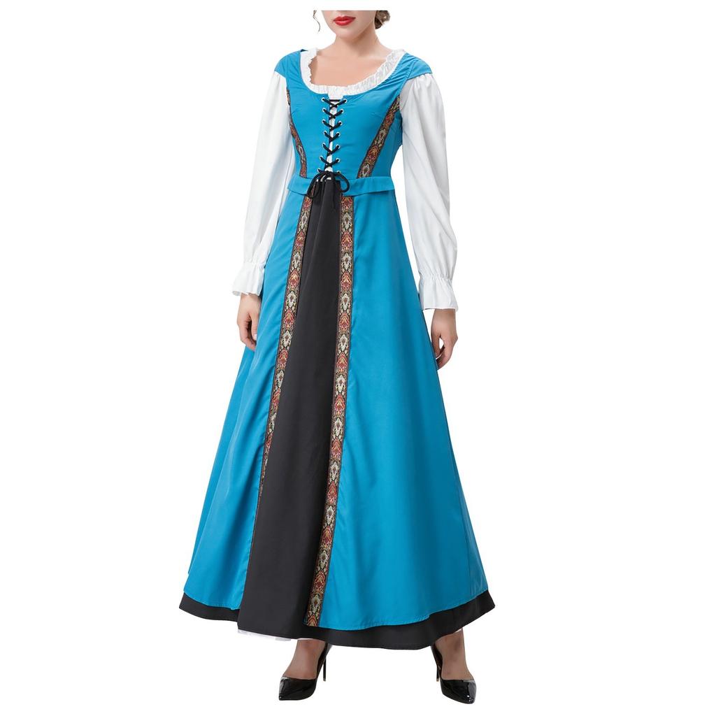 Women's Retro Halloween Costumes Round Neck Dress With Waist Tied