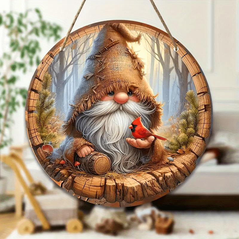 Cardinal Wooden Christmas Sign with Adorable Gnome Pattern - Navidad Round Sign for Front Door, Wall Hanging Decor - Ideal Christmas Decoration