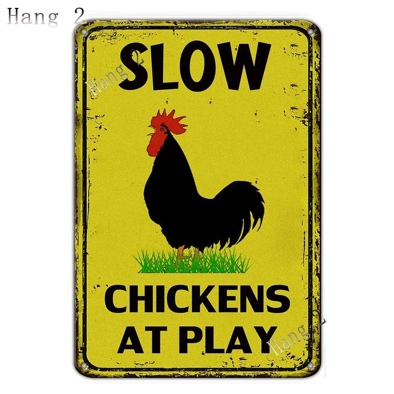 Funny Chicken Coop Sign Slow Chickens At Play Caution Vintage Chicken Warning Tin Signs for Farmhouse Gate Fence Wall 8x12 Inch