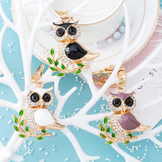 Owl-Shaped Keychain with Enamel Accents Sparkling Rhinestone Car Key Ring for Women Wisdom Symbol Pendant for Bags Keys