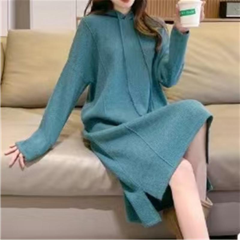 Autumn and Winter New Hooded Casual Sweatshirt Knitted Dress Loose Design Lazy Medium and Long Sweater