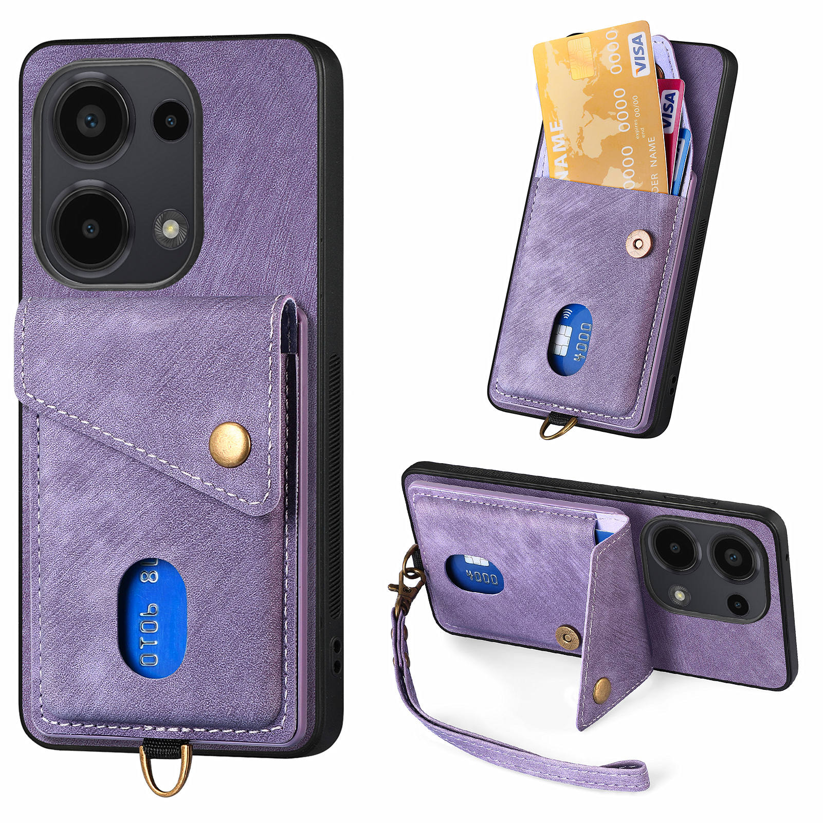 

D1 For Xiaomi Poco M6 Pro 4G/Redmi Note 13 Pro 4G Retro Case Card Slot Kickstand Leather+TPU Phone Cover Purple