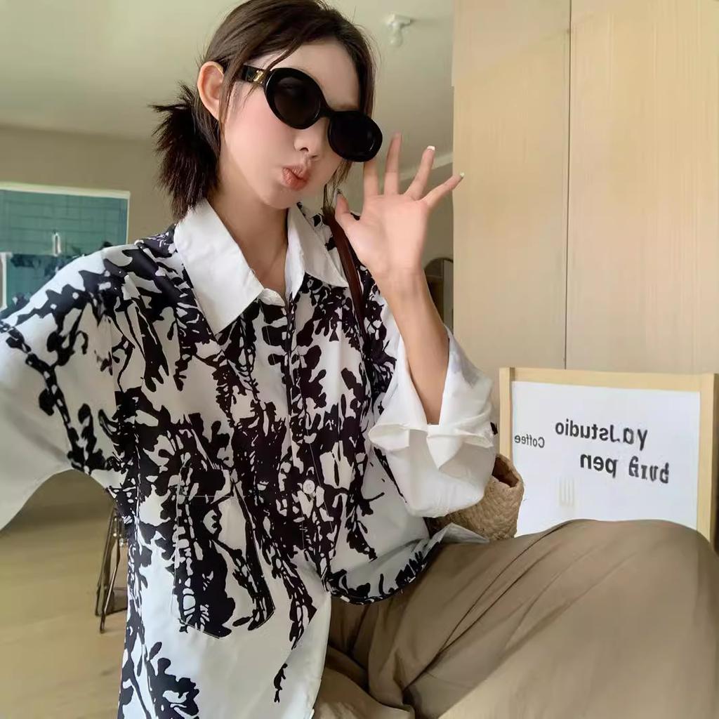 Herbst Retro Locker Lässiges Hemd für Damen Tintendruck Lange Ärmel Neues Nischen Temperament Design Schickes Oberteil