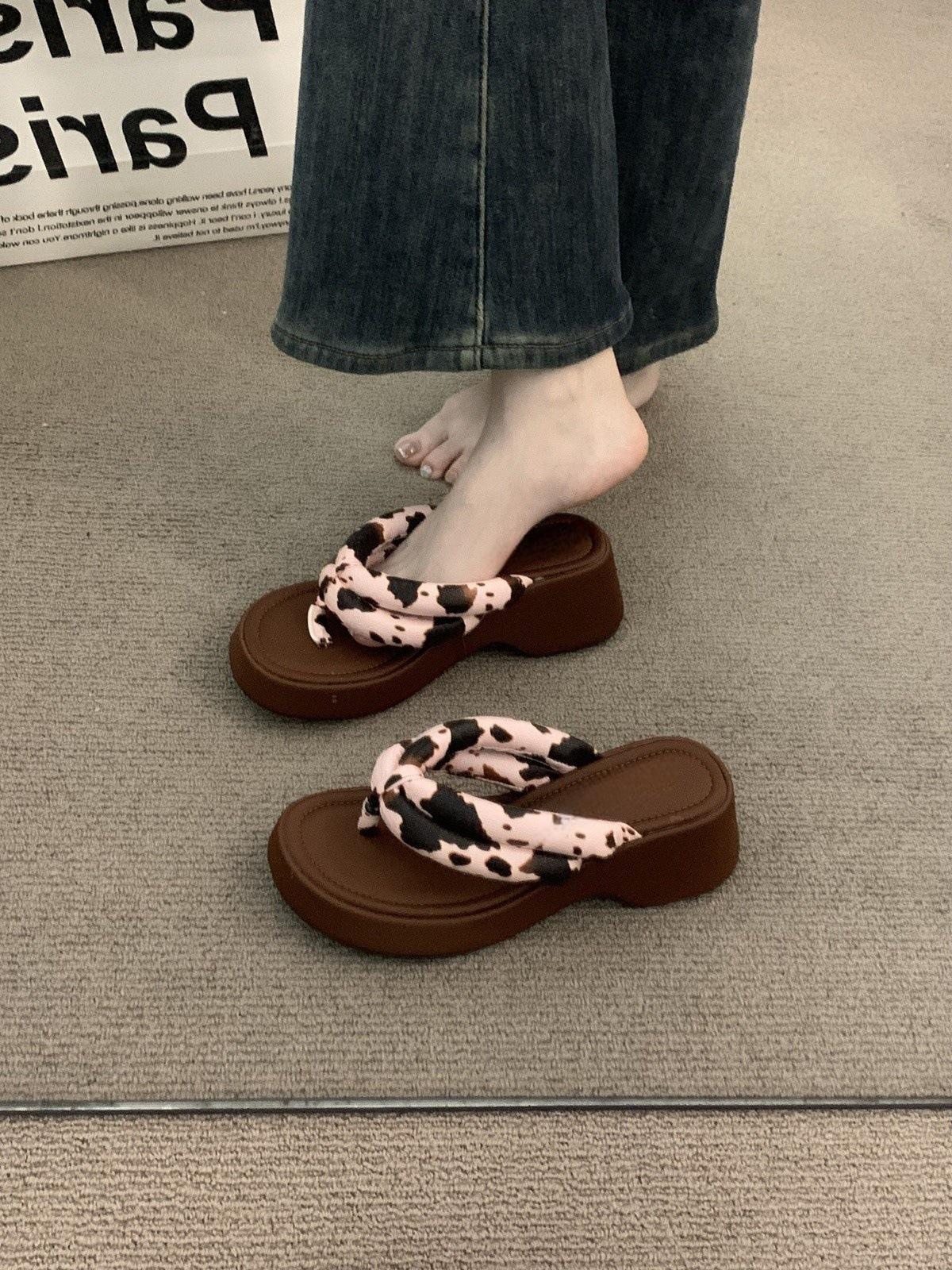 

Niche muffin wedge heel fairy toe sandals female with skirt inner height-increasing slippers 40 цветной печати леопарда