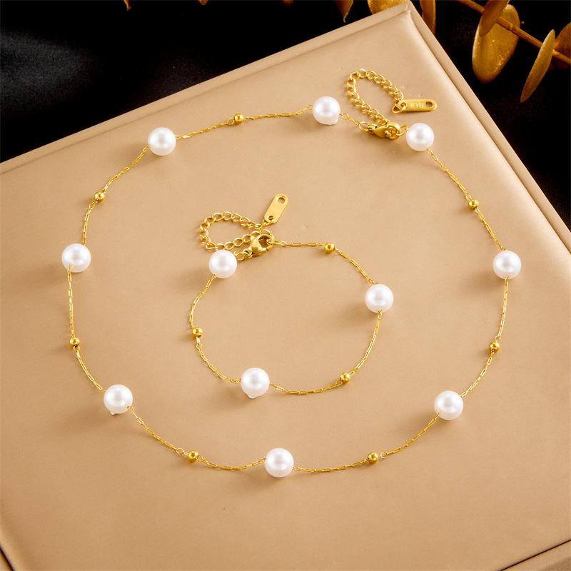 Gold Station Pearl Jewelry Set Necklace Bracelet