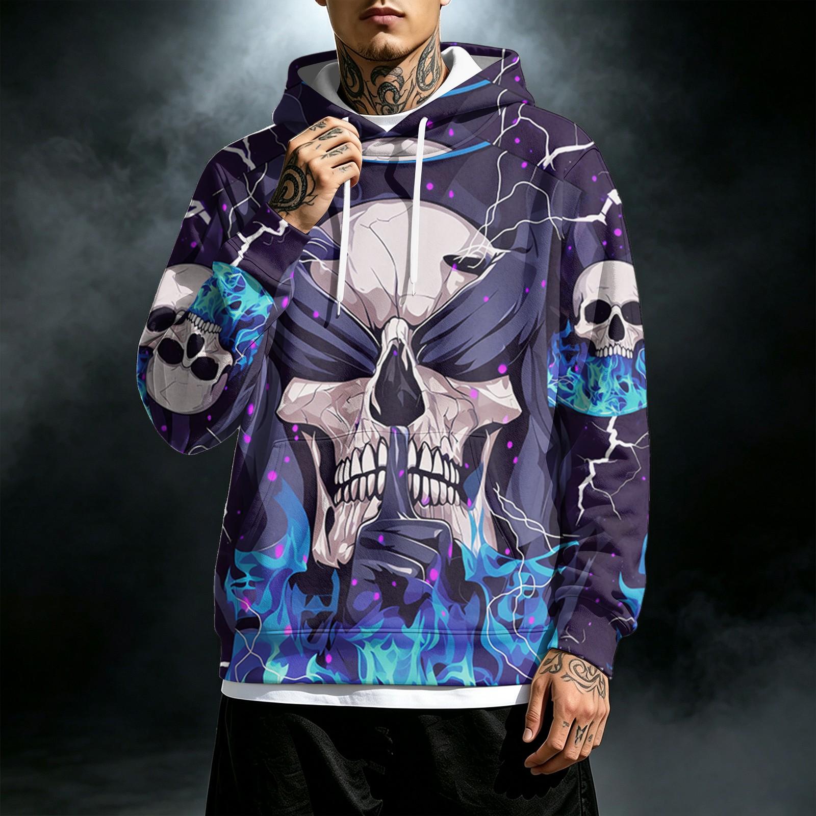 Men s Loose Fit Casual Printed Hoodie with Pocket and Drawstring L синий