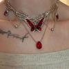 Red Enamel Butterfly Tassels Multi Layer Necklace Elegant Adjustable Length Neckchain Alloy Jewelry Gift for Women
